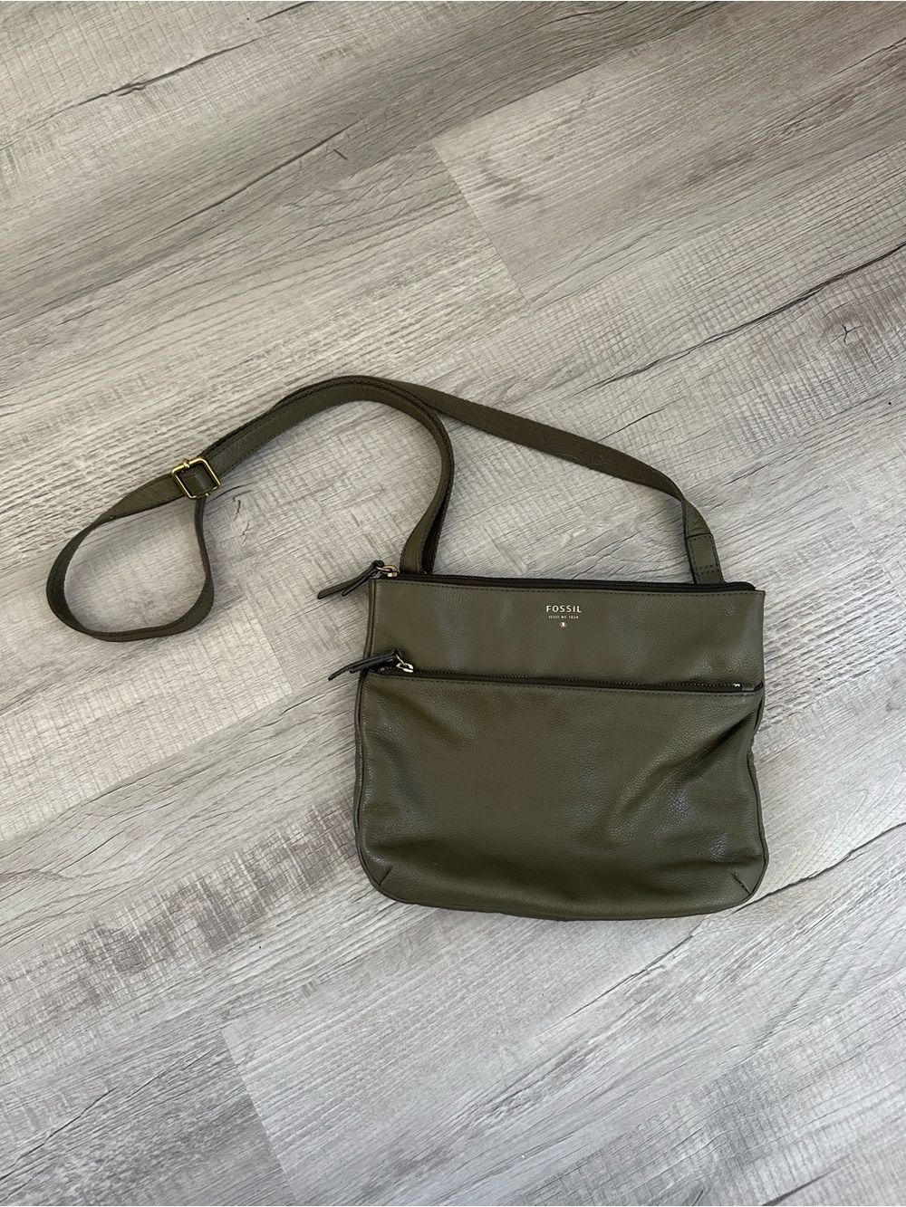 Fossil Green Leather Pebbled Crossbody with Bronze Accents